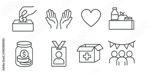 Line vector icons of charity services: donation box, helping hands, heart symbol, food drive, fundraising jar, volunteer badge, care package, charity event.