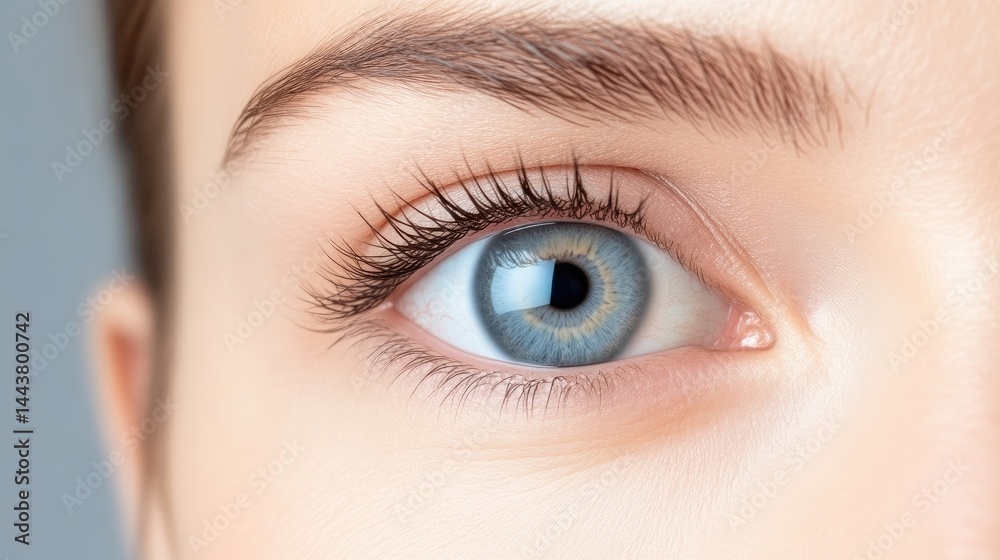 Fototapeta premium Close-up of a human eye with long eyelashes and blue iris, detailed view of the eyes texture and color, natural light, and macro photography.