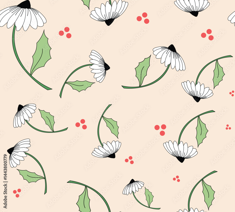 Floral Seamless Pattern with Daisies and Green Leaves on Beige Background for Elegant Design Floral Seamless Pattern with Daisies and Green Leaves on Beige Background for Elegant Design
