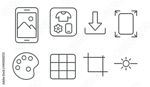 Line vector icons of mobile wallpapers and themes: wallpaper preview, theme icon, download arrow, screen size, color palette, grid layout, image crop, brightness slider.
