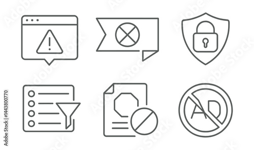Line vector icons of ad blockers: pop-up alert, blocked banner, browser extension, stop icon, filter list, privacy shield, block report, no ads sign.