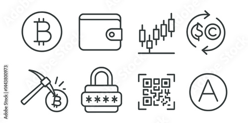 Line vector icons of cryptocurrency apps: Bitcoin symbol, wallet icon, crypto graph, exchange arrows, mining icon, secure pass, QR pay, altcoin icon.