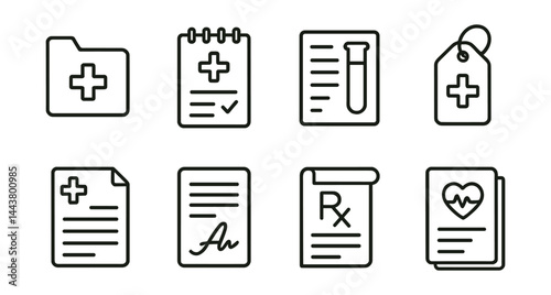 Line vector icons of medical records: health file, appointment note, lab result, diagnosis tag, medical history, doctor signature, prescription, health summary.