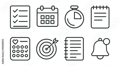Line vector icons of productivity tools: task checklist, calendar date, focus timer, notes app, habit tracker, goal arrow, day planner, notification alert.