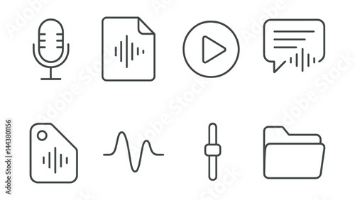 Line vector icons of voice memo tools: mic record, audio file, play button, transcription icon, tag note, voice pitch, volume slider, archive folder.