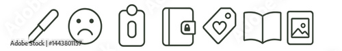 Line vector icons of journaling apps: writing pen, mood entry, date tag, diary lock, memory tag, gratitude note, journal book, photo insert.