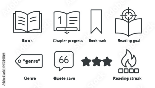 Line vector icons of reading tracker: book icon, chapter progress, bookmark, reading goal, genre tag, quote save, rating stars, reading streak.