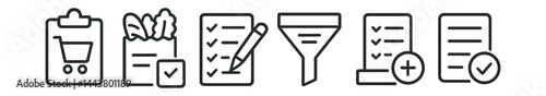 Line vector icons of shopping list apps: checklist cart, grocery bag, quantity edit, category filter, aisle icon, add item, store tag, completion mark.