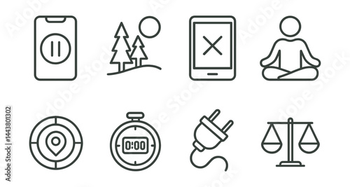Line vector icons of digital detox tools: phone pause, nature icon, screen off, mindful activity, focus mode, digital timer, unplug symbol, balance graph.