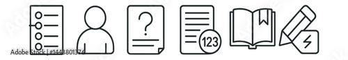 Line vector icons of creative writing apps: story outline, character icon, writing prompt, word count, chapter icon, edit pen, genre tag, publish icon.