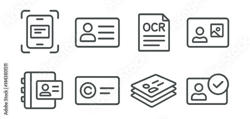 Line vector icons of business card scanners: scan icon, contact fields, OCR text, photo card, sync address book, company logo, card stack, profile match.