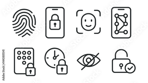 Line vector icons of app lock tools: fingerprint icon, app lock, face ID, pattern lock, PIN pad, lock timer, hidden mode, unlock success.
