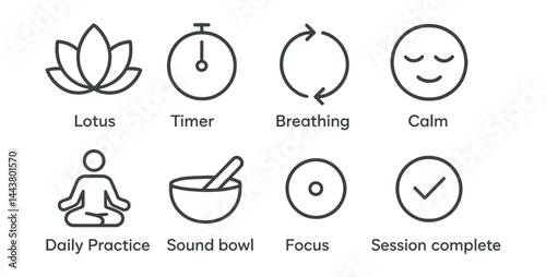 Line vector icons of meditation apps: lotus icon, timer ring, breathing guide, calm face, daily practice, sound bowl, focus dot, session complete.