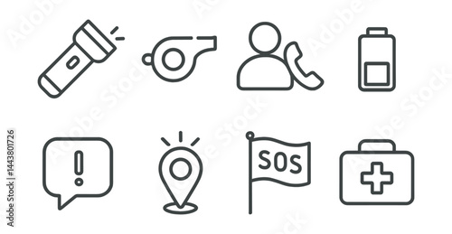 Line vector icons of emergency tools: flashlight icon, whistle alert, emergency contact, battery save, distress message, GPS beacon, SOS flag, emergency kit.