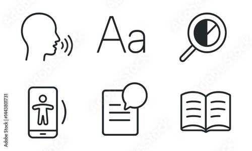 Line vector icons of mobile accessibility tools: voice command, text size, high contrast, magnifier icon, vibration alert, accessibility shortcut, speech-to-text, reading mode.