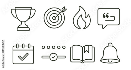 Line vector icons of study motivation tools: trophy icon, goal badge, progress flame, motivational quote, milestone tick, reward tracker, study streak, focus reminder.