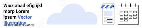 Cloud at center with storefront and calendar suggesting online business, scheduling, and tech integration. Ideal for retail, e-commerce, cloud solutions, planning, organization, SaaS simple landing