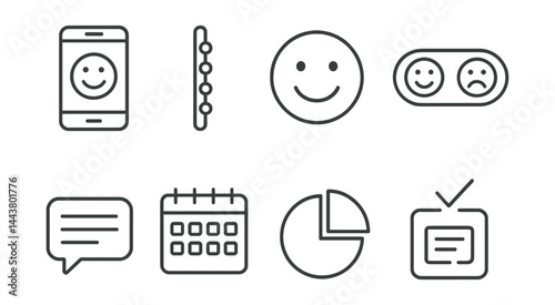 Line vector icons of mood tracker apps: daily mood, color scale, emotion icon, happy/sad toggle, journal bubble, calendar chart, mood summary, reflect prompt.