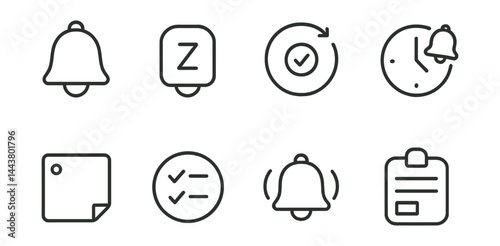 Line vector icons of smart reminders: bell icon, snooze button, recurring task, time alert, reminder note, checklist badge, reminder ring, task category.