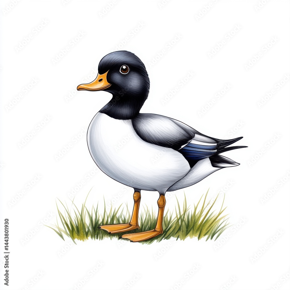 Colorful Illustration of a Duck Standing on Green Grass Background
