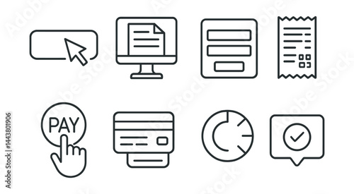 Line vector icons of online payment: checkout button, invoice screen, payment form, digital receipt, pay icon, card entry, loading bar, confirmation alert.