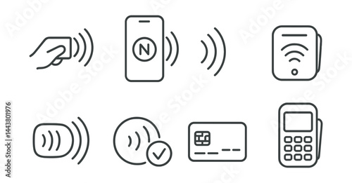 Line vector icons of contactless payment: tap to pay icon, NFC symbol, mobile tap, payment wave, reader light, chip card, approval beep, contactless terminal.