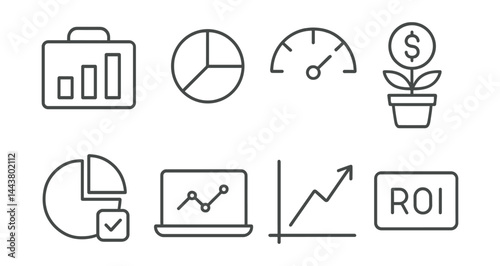 Line vector icons of investment portfolio: portfolio bar chart, asset type, risk meter, investment growth, fund overview, market trend, stock icon, ROI display.