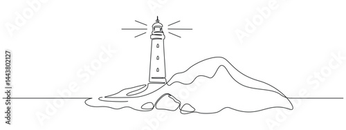 Lighthouse tower in one continuous line drawing. Light house with beams of light shining in all directions in simple linear style. Sea coast in Editable stroke. Minimalistic vector illustration