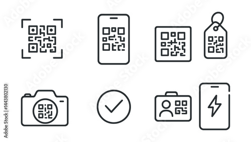 Line vector icons of QR code payment: scan QR icon, phone screen, code block, QR tag, camera icon, transaction confirmation, merchant ID, mobile flash.