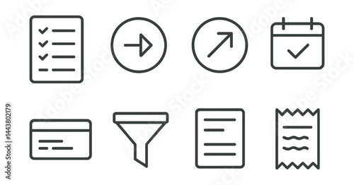 Line vector icons of transaction history: activity list, incoming icon, outgoing icon, transaction date, transaction ID, filter tool, statement page, receipt log.