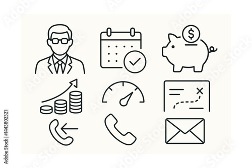 Line vector icons of financial advisor tools: advisor avatar, calendar meeting, investment tip, savings strategy, risk profile, plan outline, phone call icon, email reply.