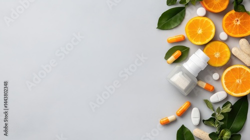Vitamin supplements bottle with oranges capsules and pills for health wellness