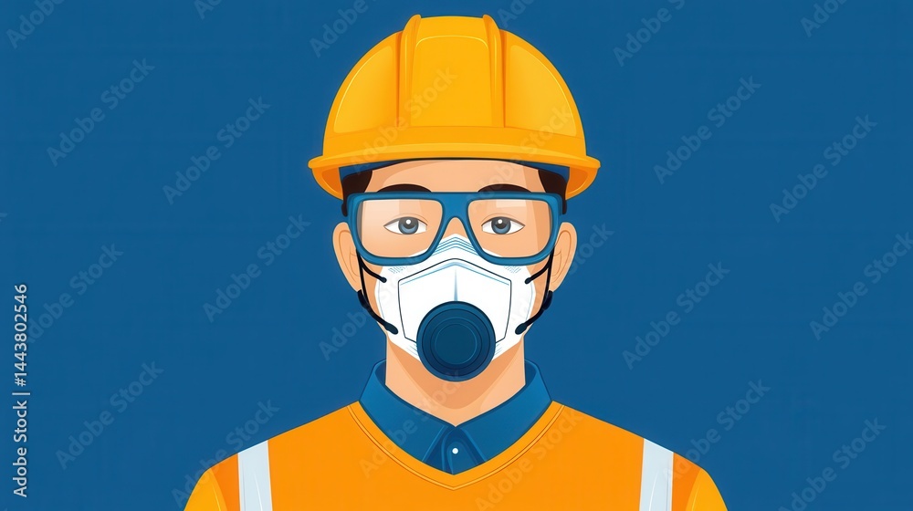 Professional Worker in Safety Gear with Helmet and Mask on Blue Background