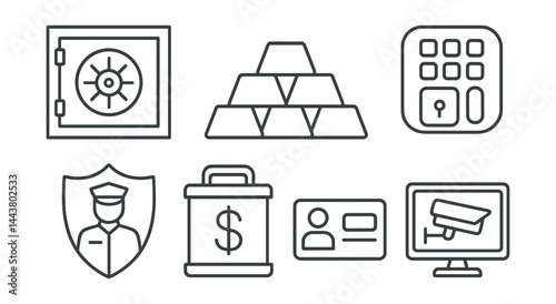 Line vector icons of bank vault and safety: vault door, gold stack, keypad entry, digital lock, guard shield, cash container, access card, security monitor.