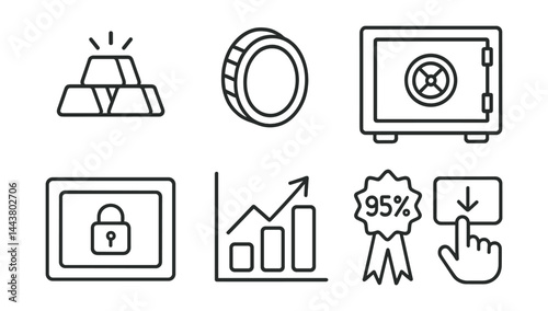 Line vector icons of gold investment: gold bar stack, gold coin icon, investment chart, vault icon, secure box, value trend, purity badge, sell option.