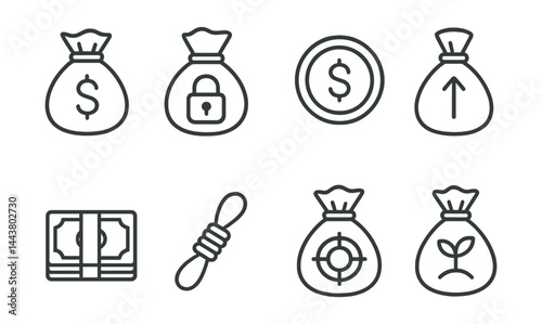 Line vector icons of money bag concepts: money sack, secure bag, coin icon, income bag, cash bundle, tied rope, goal savings, investment bag.