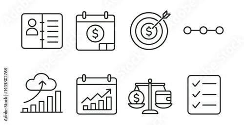 Line vector icons of financial planning: planner icon, calendar with dollar, financial target, timeline icon, yearly forecast, monthly tracker, savings vs expense, checklist.