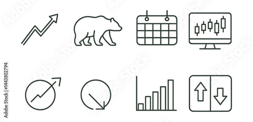 Line vector icons of stock market: bullish trend, bearish icon, ticker board, live market, open price, close price, volume graph, profit/loss.
