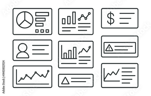 Line vector icons of financial dashboards: dashboard layout, charts view, metrics card, account summary, insights tab, graph tile, alerts bar, overview tab.