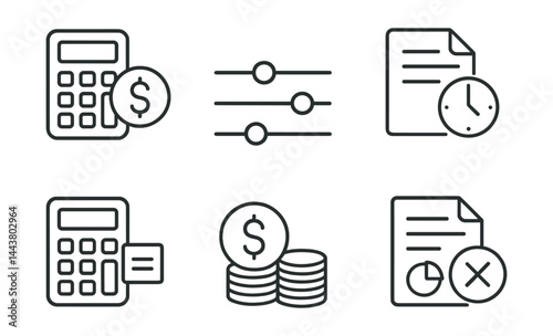 Line vector icons of loan calculator tools: loan amount, interest slider, repayment plan, EMI table, calculation result, total payment, summary icon, clear form.