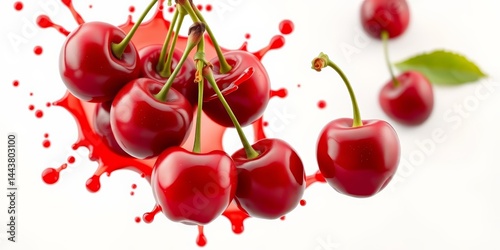 Juicy morello cherries bursting into a vibrant red splash against a pristine white background, cherry juice, color