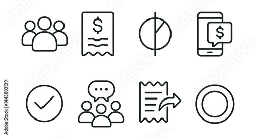 Line vector icons of split bills and group pay: user group, bill amount, split icon, payment request, settle up, group chat, receipt share, status ring.