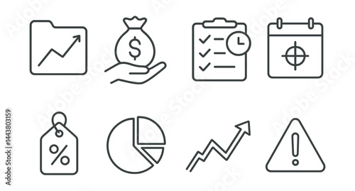 Line vector icons of investment tracking: portfolio growth, fund icon, profit tracker, daily return, stock tag, asset mix, performance arrow, investment alert.