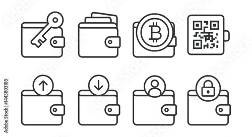 Line vector icons of crypto wallet: wallet key, seed phrase, coin overview, wallet QR, send token, receive token, wallet ID, private mode.