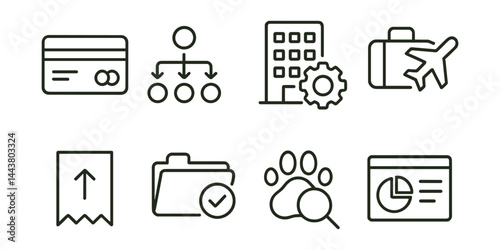Line vector icons of business expense tools: corporate card, approval workflow, department code, business trip icon, receipt upload, category assignment, audit trail, summary tab.