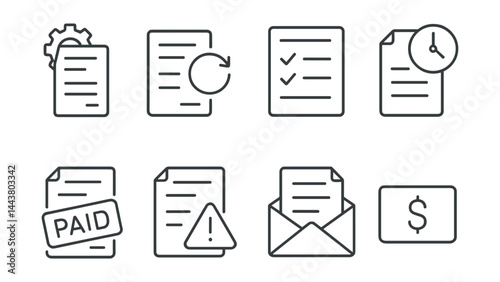 Line vector icons of invoice automation: auto-generate, recurring invoice, invoice list, schedule icon, paid stamp, overdue alert, auto-email, amount field.