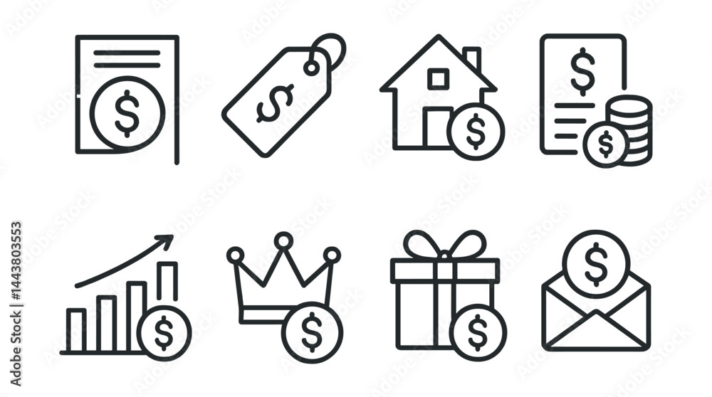 Line vector icons of income categories: salary icon, freelance tag, rental income, dividends icon, business profit, royalty icon, gift income, tax refund. Line vector icons of income categories: salary icon, freelance tag, rental income, dividends icon, business profit, royalty icon, gift income, tax refund.
