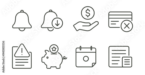 Line vector icons of financial notifications: bell icon, low balance alert, deposit received, payment failed, budget warning, savings milestone, due reminder, daily digest.