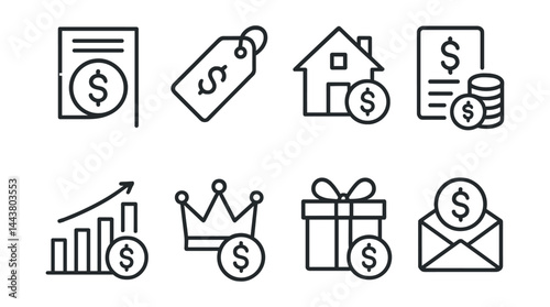 Line vector icons of income categories: salary icon, freelance tag, rental income, dividends icon, business profit, royalty icon, gift income, tax refund.