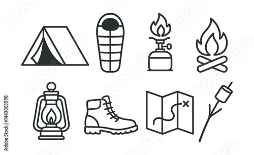 Line vector icons of camping equipment: tent icon, sleeping bag, portable stove, campfire icon, lantern, hiking boots, trail map, marshmallow stick.